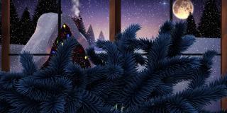 动画的雪落在冷杉树枝和冬季风景月亮透过窗户