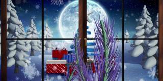 动画的雪落在冷杉树枝，礼物和月亮透过窗户看到