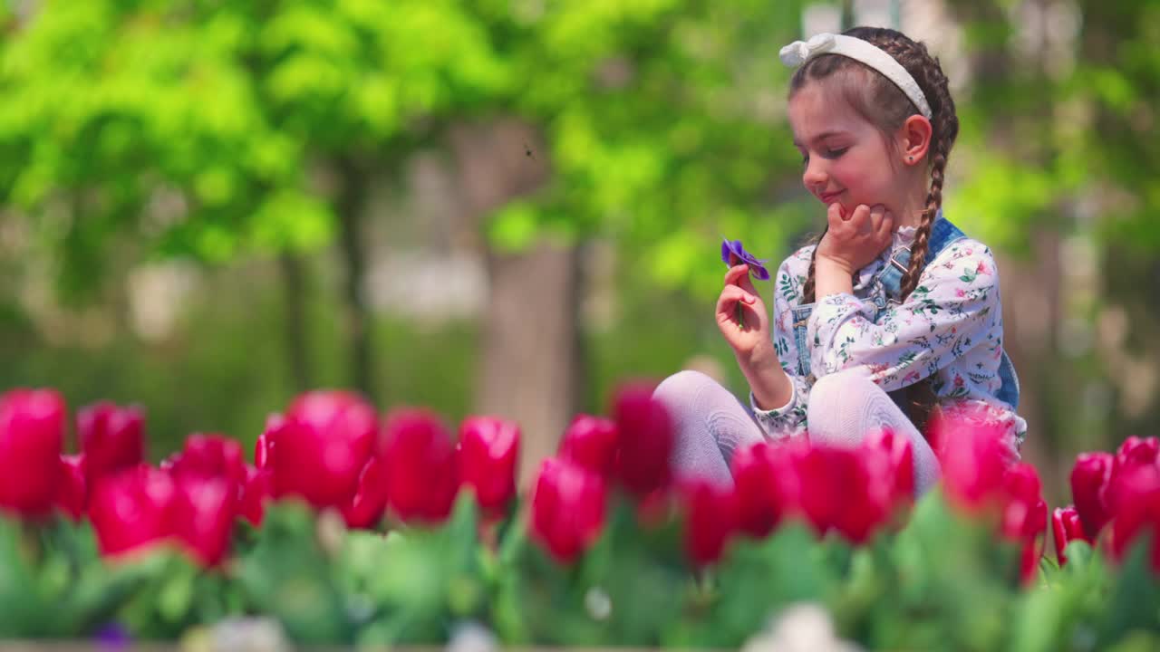 快乐的女孩在城市公园里享受着芳香和美丽的花园。春天的郁金香。