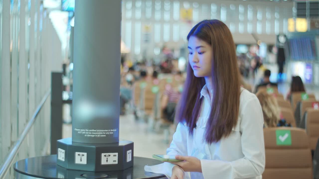 年轻的亚洲女子在机场候机楼充电站为她的手机充电