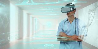 数字时钟和屏幕与医疗数据处理男性医生佩戴虚拟现实头盔