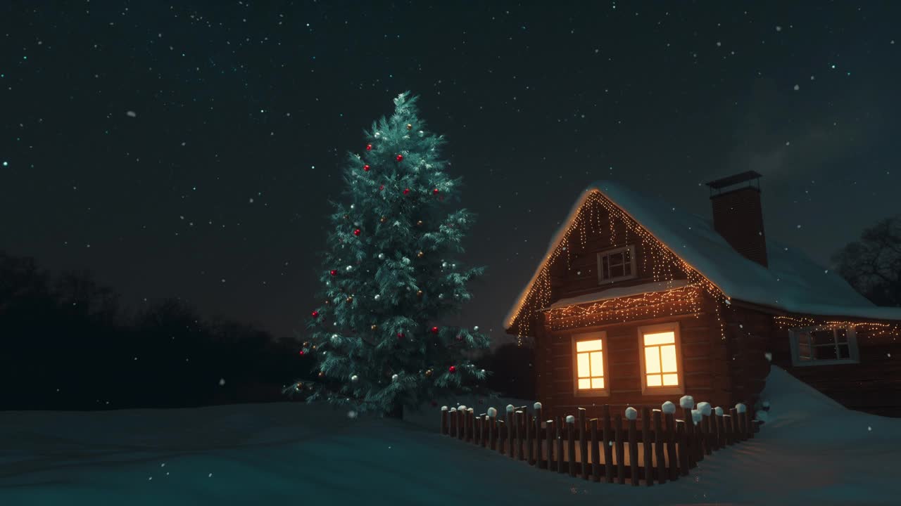 圣诞节完美的冬季童话景观。圣诞老人的木屋被白雪覆盖，旁边是一棵用玩具和花环装饰的巨大的神奇冷杉树。