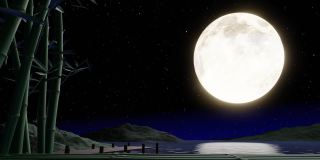 满月之夜或超级月亮倒映在海面上。这幅画的背景是竹子