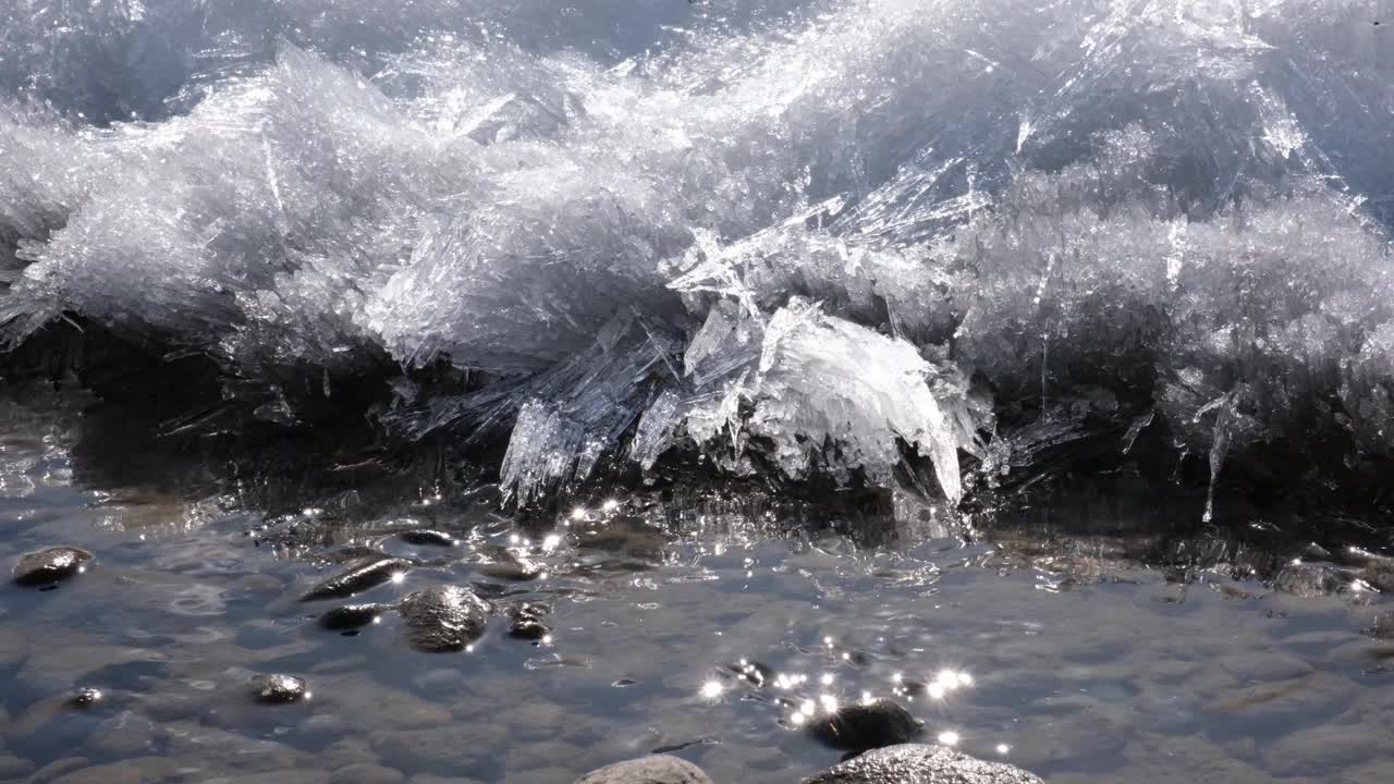 河上结了冰，小溪结冰了。寒冷的季节。山涧的石头。春天雪融化。冰开始破，自然沉默