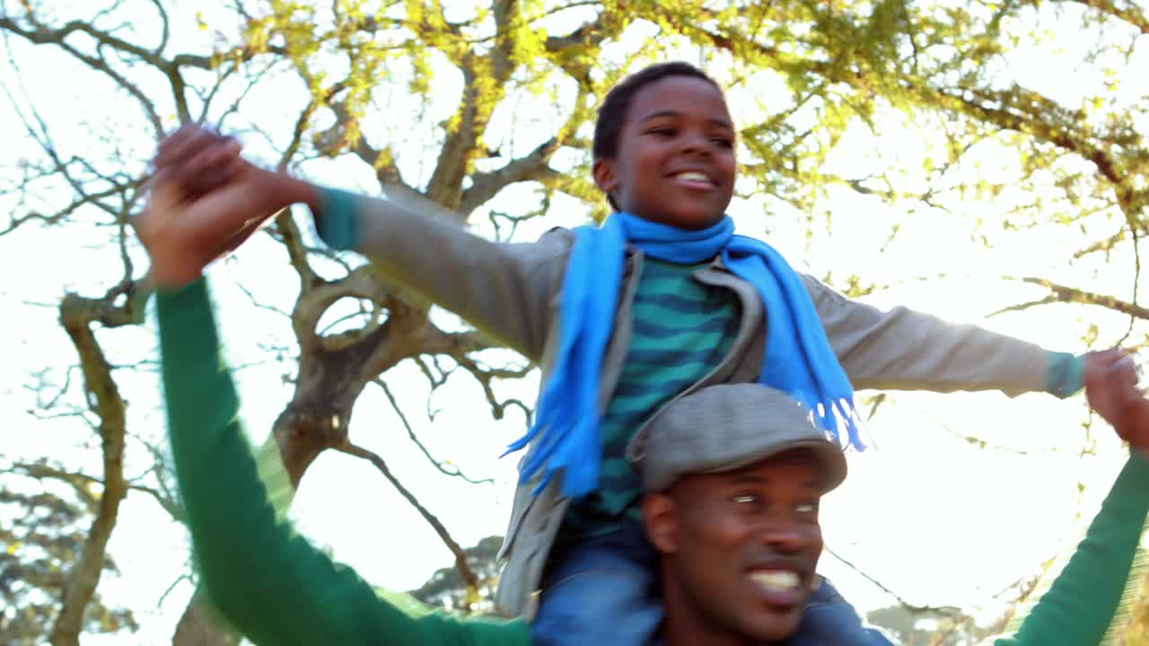 橘色秋叶飘落在公园里快乐的非洲裔美国人和他的儿子的动画