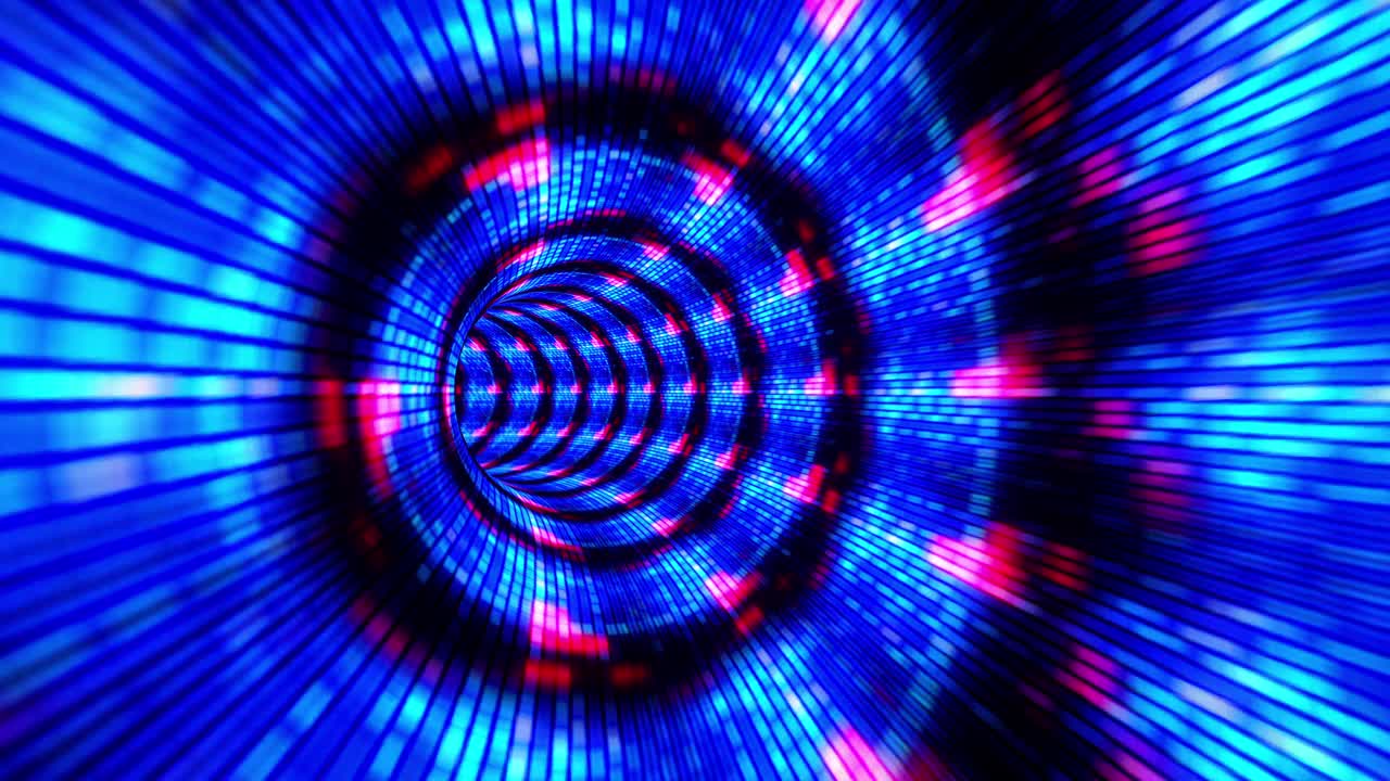 隧道中魔术闪烁发光的飞线运动和照明光的数字效果。未来主义的霓虹灯背景，紫外线发光线，激光，光速。4K 3D无缝循环