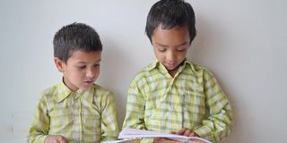 两个可爱的农村小学生手里拿着书，在教室里看书。