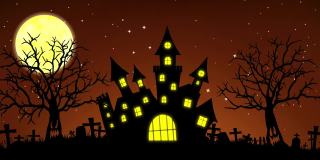 万圣节背景动画的概念闹鬼城堡，月亮和幽灵树