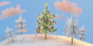 微小星球上装饰的圣诞树3D渲染动画
