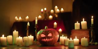 杰克灯和燃烧的蜡烛特写。木桌上摆放着里面有火苗的雕刻南瓜。万圣节的符号，吓人的脸，传统的秋季节日装饰