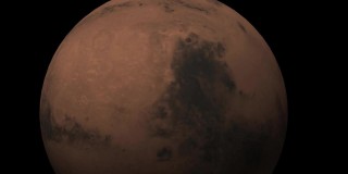 从火星星球3d动画，旅行到太空中的红色星球火星。当火星旋转时，可以看到白天和黑夜的明暗分界线。