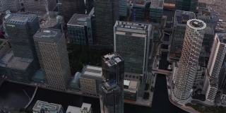 市区摩天大楼的幻灯片和平移镜头。现代未来商业、金融和经济中心金丝雀码头。英国伦敦