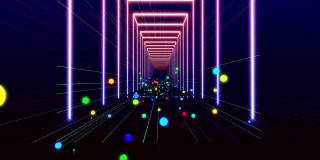 用简单的几何物体和五彩霓虹灯穿越3D隧道。带有霓虹灯的VJ循环，简单的3d对象阵列，抽象的线框和结构。3d现代运动设计bg