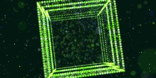 摘要发光绿色粒子形成三维物体。多维数据集。Vj循环作为虚拟数字空间的bg。粒子形成全息影像的形状，作为大数据、网络或vr空间的概念。科幻运动设计bg。
