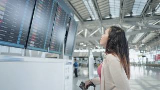 一名亚洲女性旅客在机场，看着她旅行的航班带着行李，在显示器屏幕上看到航班号去新旅行，旅行度假，侧视视频素材模板下载