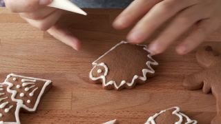 用圆锥体用白色糖霜装饰自制的姜饼圣诞饼干，形状像刺猬视频素材模板下载