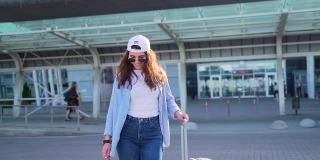 开朗的年轻女子在夏季帽和太阳镜走在机场附近的手提箱