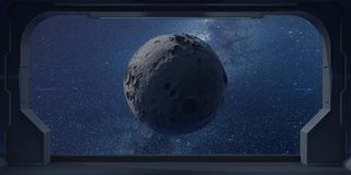 月球和星星从飞船的视野，3d渲染。