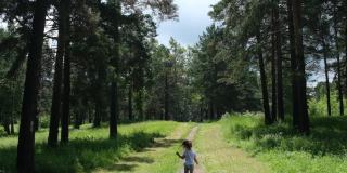 小女孩沿着森林的小路向上跑，活跃的户外游戏。慢动作
