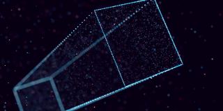 摘要发光粒子在空间中形成三维物体。平行六面体。Vj循环作为虚拟数字空间的bg。粒子形成全息影像的形状，作为大数据、网络或vr空间的概念。科幻bg