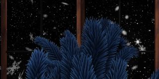 透过窗户看到的冷杉树枝上飘落的雪的动画