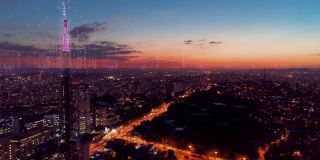 巴西圣保罗。具有未来网络效应的智能城市空中景观。创新。纳米技术。网络技术。云计算。数字转换。