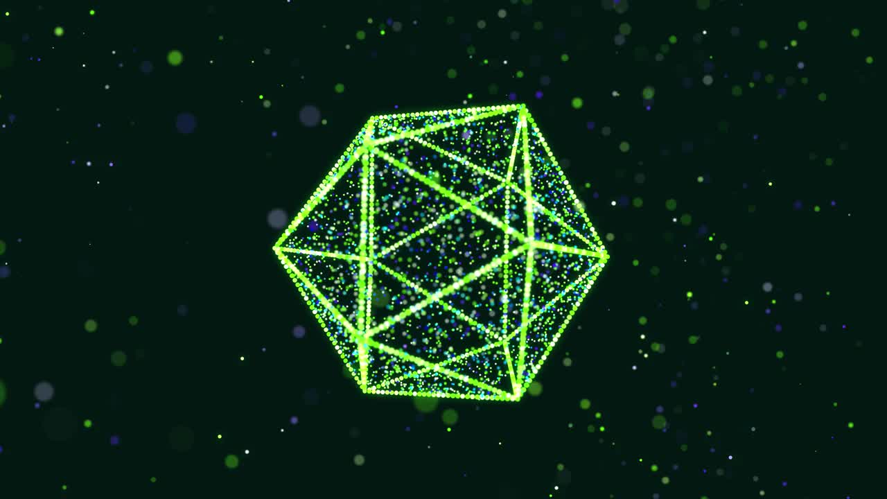 摘要发光绿色粒子形成三维物体。二十面体Vj环作为虚拟数字空间的bg。粒子形成全息影像的形状，作为大数据、网络或vr空间的概念。科幻运动设计bg。