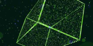 摘要发光绿色粒子形成三维物体。矩形。Vj循环作为虚拟数字空间的bg。粒子形成全息影像的形状，作为大数据、网络或vr空间的概念。科幻运动设计bg。