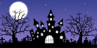 万圣节背景动画的概念闹鬼城堡，月亮和蝙蝠