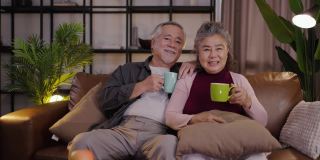 上了年纪的亚洲夫妇晚上在家里一边喝酒一边看电视上的电影。