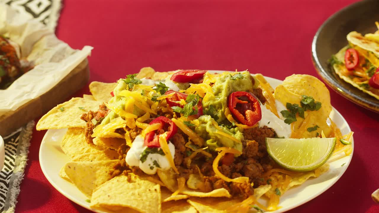 墨西哥食物，传统的墨西哥美食。在配肉和蔬菜的玉米片上添加辣酱。在餐桌上摆上美式菜肴，近距离，快餐
