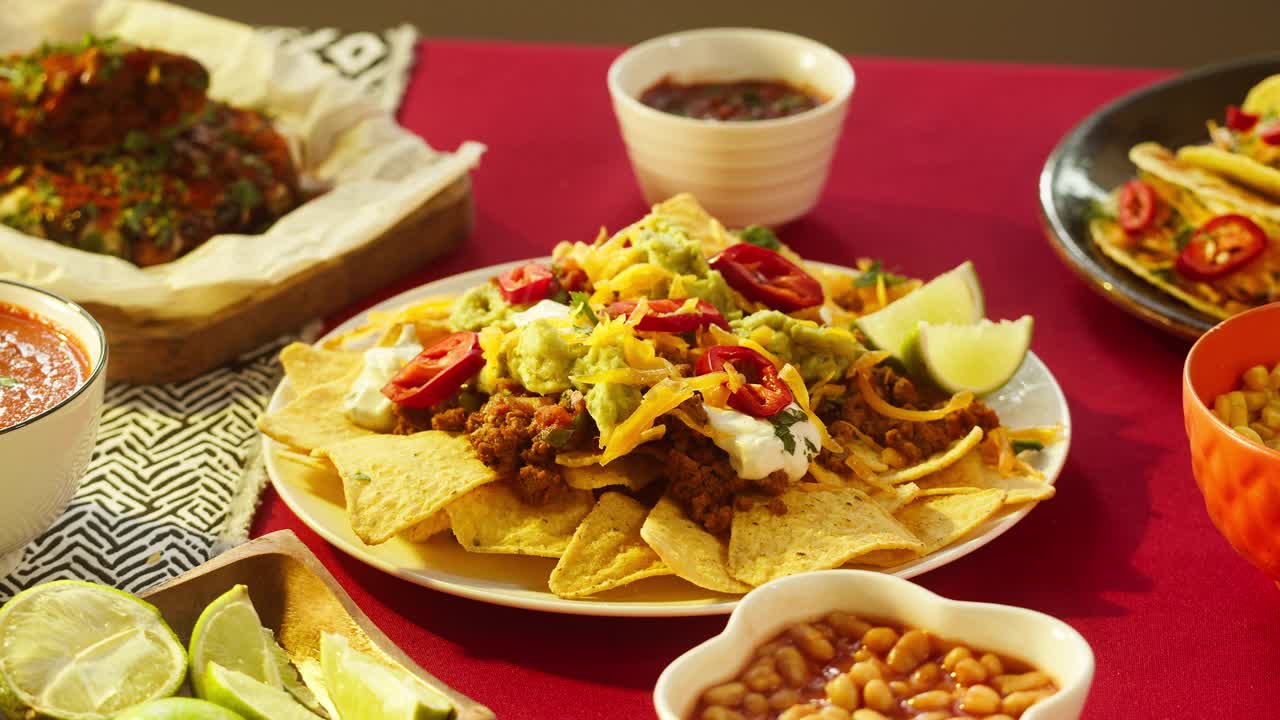 墨西哥食物，传统的墨西哥美食。在配肉和蔬菜的玉米片上放上绿色植物和榨酸橙汁。在餐桌上摆放美式菜肴，快餐