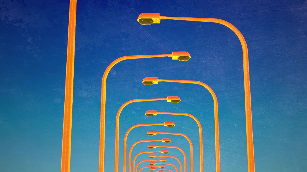 摄像机在黄色的街灯柱子间盘旋。抽象的三维动画。