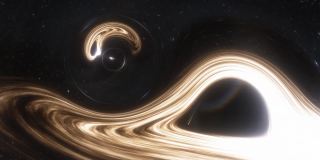 带有吸积盘的超大质量黑洞旁边的虫洞动画。空间和时间因强引力而变形