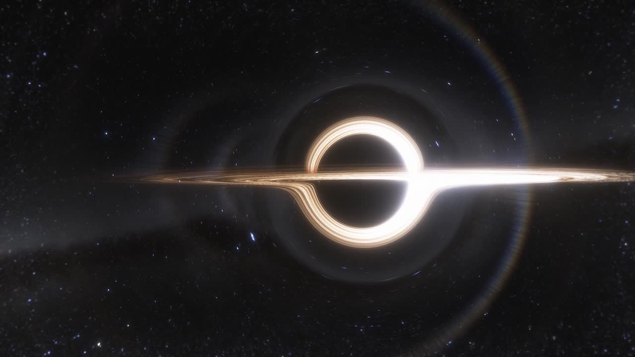带有吸积盘的超大质量黑洞旁边的虫洞动画。空间和时间因强引力而变形