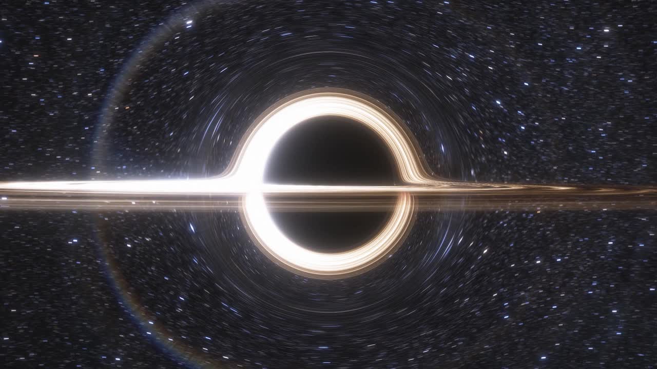 超大质量黑洞的动画。黑洞视界上物质的吸积盘。在事件视界上，空间、光和时间被强烈的引力所扭曲