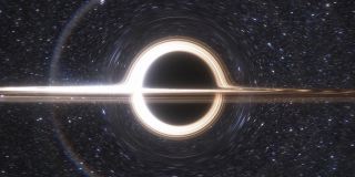 超大质量黑洞的动画。黑洞视界上物质的吸积盘。在事件视界上，空间、光和时间被强烈的引力所扭曲