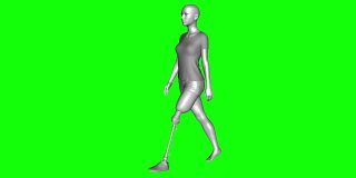 3D女孩与现代腿义肢行走，动画，绿色屏幕