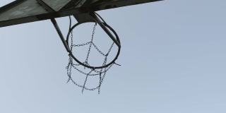 篮球在户外穿过篮筐。底视图