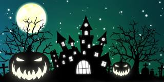 万圣节背景动画的概念闹鬼城堡，月亮和南瓜