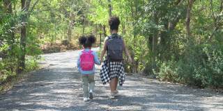 非裔美国可爱的小妹妹在森林里徒步旅行。两个黑人女孩在野外旅行。一群小学生背着书包，手牵着手在公园里散步。