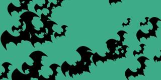 万圣节蝙蝠-万圣节概念-循环-数以百计的蝙蝠向上-万圣节-杰克O灯笼-万圣节飞行蝙蝠无限循环-蝙蝠循环-蓝色背景-黑色颜色- А蝙蝠群