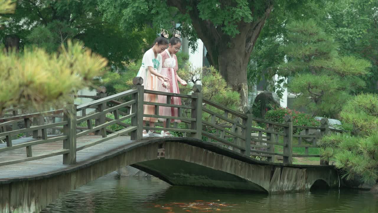 女孩们穿着汉服，在公园喂锦鲤。