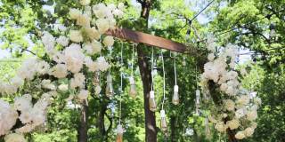 优雅的婚礼拱门与鲜花，花瓶背景的树木。的婚礼。婚礼仪式。拱门。拱门上装饰着粉红色和白色的花朵，矗立在树林里。