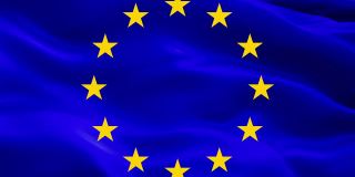 欧盟旗帜视频。现实的欧元旗帜背景。欧洲国旗环形特写1080p全高清1920X1080画面。欧盟欧盟国家的国旗镜头为影片，新闻随风飘扬