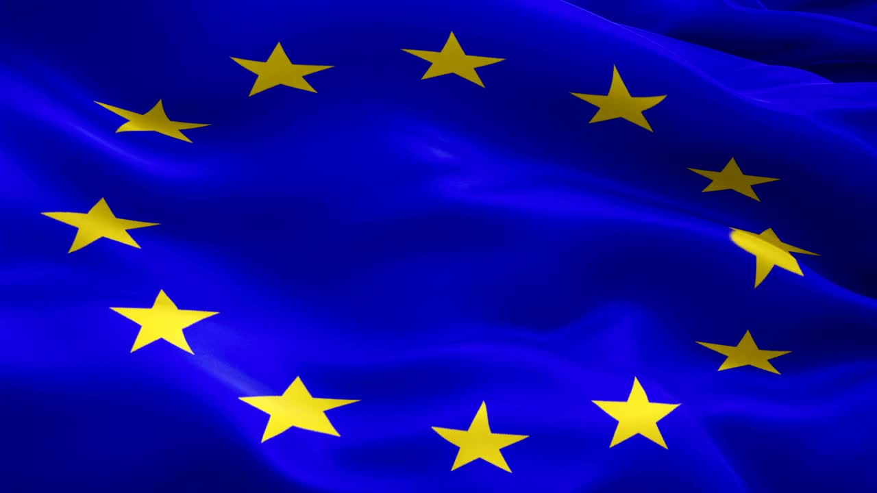 欧洲的旗帜。欧盟欧盟国家国旗镜头视频为电影，新闻。现实的欧洲旗帜背景视频在风中挥舞。欧洲旗帜循环特写1080p全高清1920X1080镜头