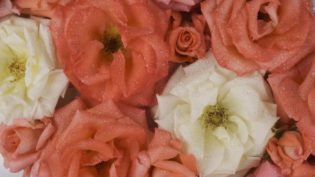 旋转着盛开的玫瑰花蕾里的露珠。特写镜头