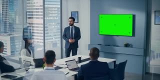 办公室会议室会议介绍:商务洽谈，采用绿屏色度键墙电视。成功向多民族投资者展示产品。电子商务战略