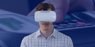 商人戴着虚拟现实头盔在支付终端触摸虚拟屏幕的动画