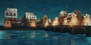 冬日白雪皑皑的夜晚，河边的中世纪小镇
